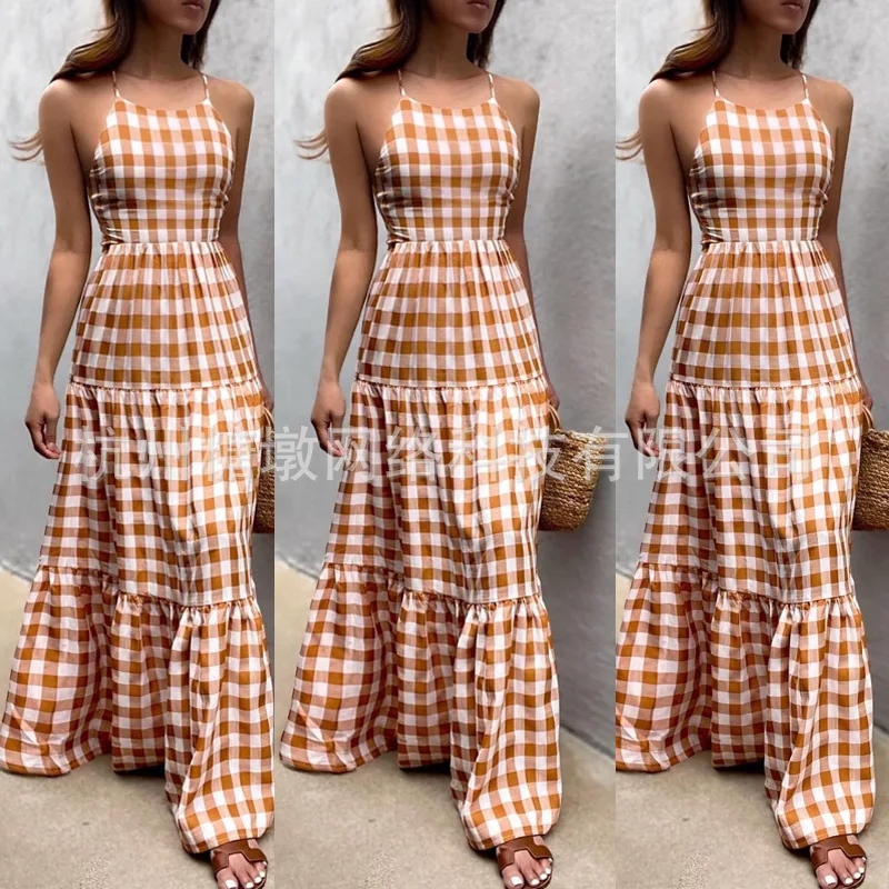 

Long Dress Women Elegant Sexy Lady Summer Office Casual Fit and Flare Backless Plaid Ankle Length O Neck-mounted Slim Vestidos