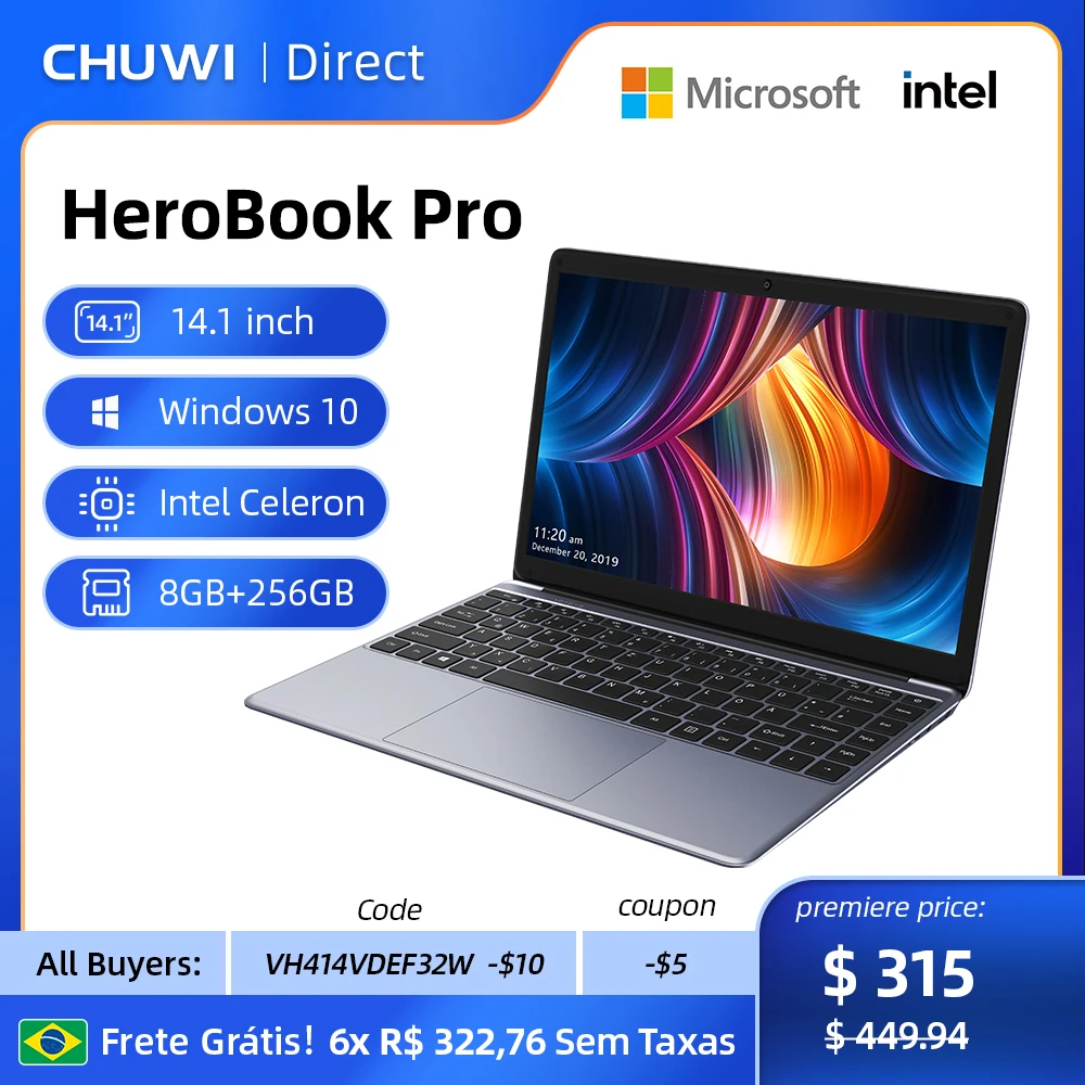 

Ноутбук CHUWI HeroBook Pro, 14,1 дюйма, FHD экран, Intel Celeron N4020, два ядра, 8 Гб ОЗУ, 256 Гб SSD, 1920x1080, Windows 10