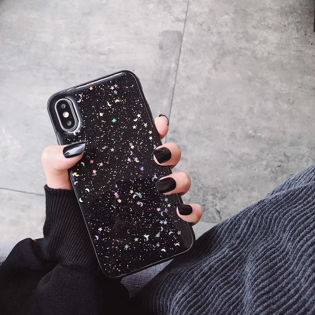 Черный Блестящий блестящий чехол для телефона iphone 8, 7 Plus, 6, 6 S, se, звездная луна, прозрачный чехол для iphone 11 Pro X, XR, XS MAX, мягкий чехол из ТПУ - Цвет: Черный