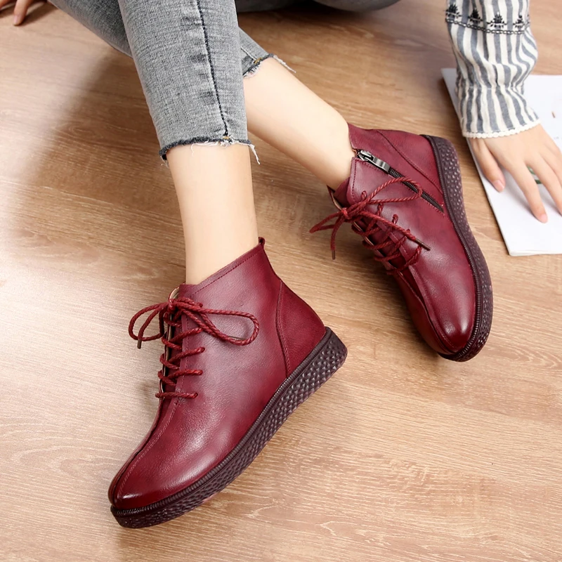 

BEYARNE Genuine Leather Shoes Women Boots 2020 Autumn Winter Fashion Handmade Ankle Boots Warm Soft Casual Flats Female