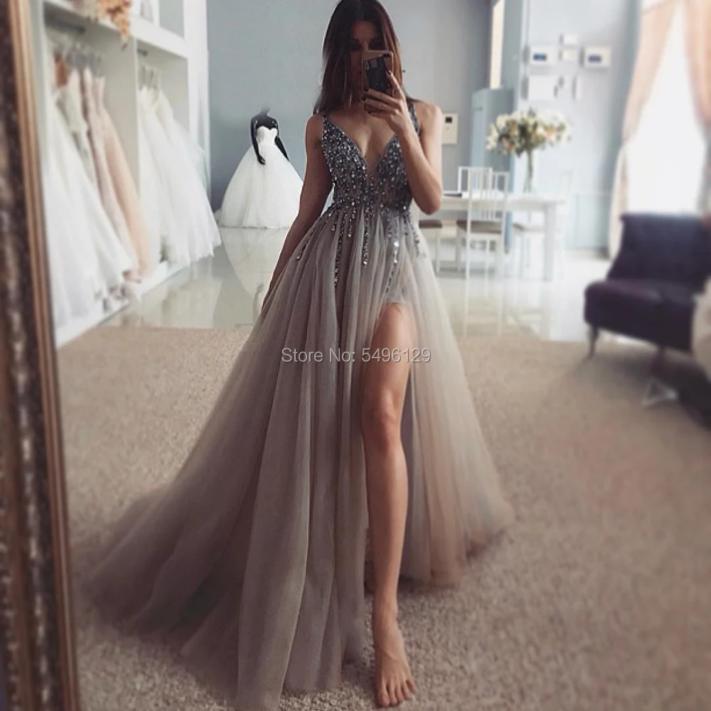 Сексуальное серое платье для выпускного вечера с открытой спиной 2021 глубоким V