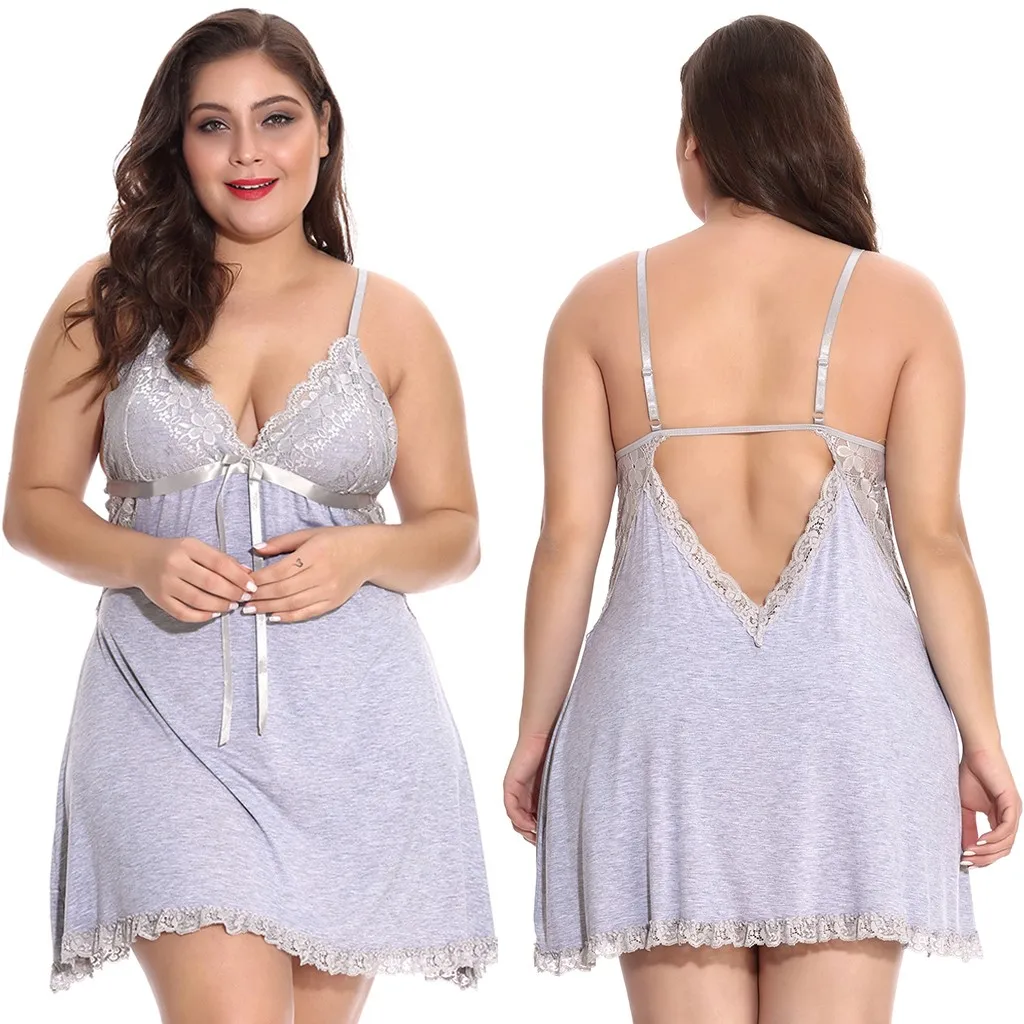 

4XL Plus Size Modal Cotton Women's Nightgown Sexy Backless Sleepwear Dress V-neck Lace Spaghetti Strap Night Dress Sexy Nightie