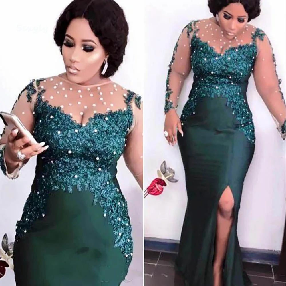 

Dark Green Mermaid Plus Size Evening Gowns With Pearls Long Sleeve African Prom Dress With Slit Floor Length Satin Long Party