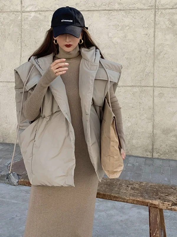 Temperament Suit Women High Collar Slim Knitted Dress+loose Casual Thickened Drawstring Hooded Vest Two Piece