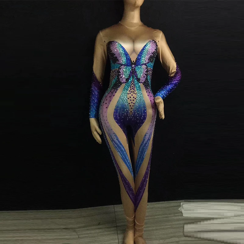 

blue Rhinestone Butterfly Jumpsuit Women Sexy Spandex Stretch Stage Show Female Singer Dance Birthday Party drag queen costumes