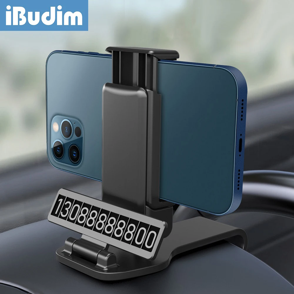 

iBudim 360 Degree Rotation Car Phone Holder With Parking Card Plate Adjustable Car Dashboard Mobile Phone Support GPS Clips