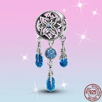hot sale 925 sterling silver blue feather dream catcher charm beads fit original pandora bracelet pendant necklace jewelry