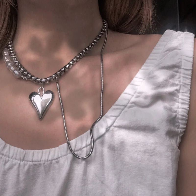 

ins cold style niche couple tank chain pearl love hip hop double necklace men and women tide clavicle chain necklace