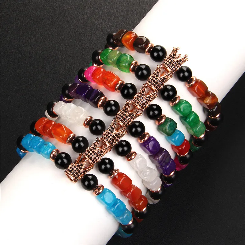 

New 8mm Beaded Bracelet Natural Stone Agates Charm Bracelet Pave CZ Crown Beads Elastic Bracelets for Women Men Jewelry Bileklik