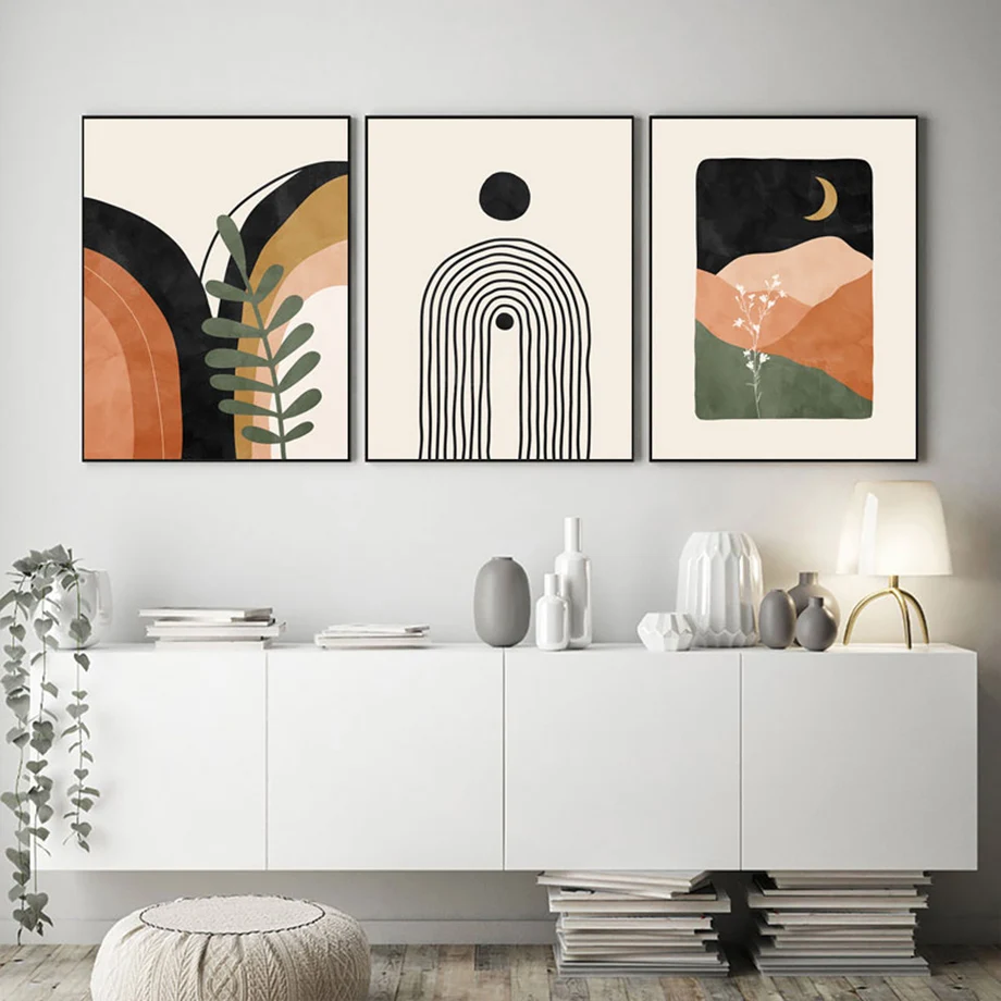 

Boho Landscape Posters Mountain Moon Plant Leaves Lines Color Block Wall Art Canvas Painting Wall Pictures For Living Room Decor
