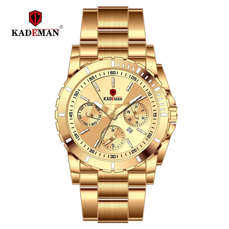 Full Gold KADEMAN Женская мода платье кварцевые часы леди из нержавеющей стали Роскошные водонепроницаемые наручные часы простые девушки Relogio Feminino 6137L - Цвет: Full Gold