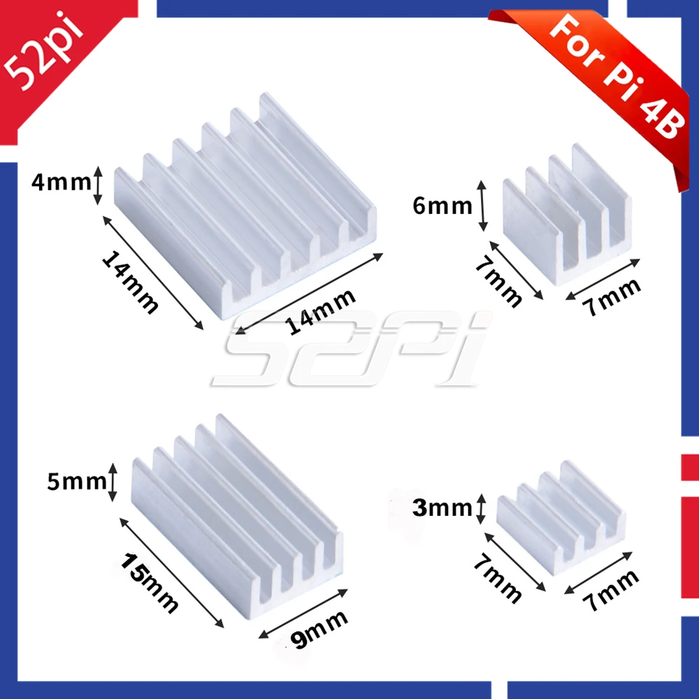 

Новинка 52Pi! 1 комплект из 4 алюминиевых радиаторов серебристого/черного цвета, 2 или 5 комплектов в упаковке для Raspberry Pi 4B Pi 4 Model B