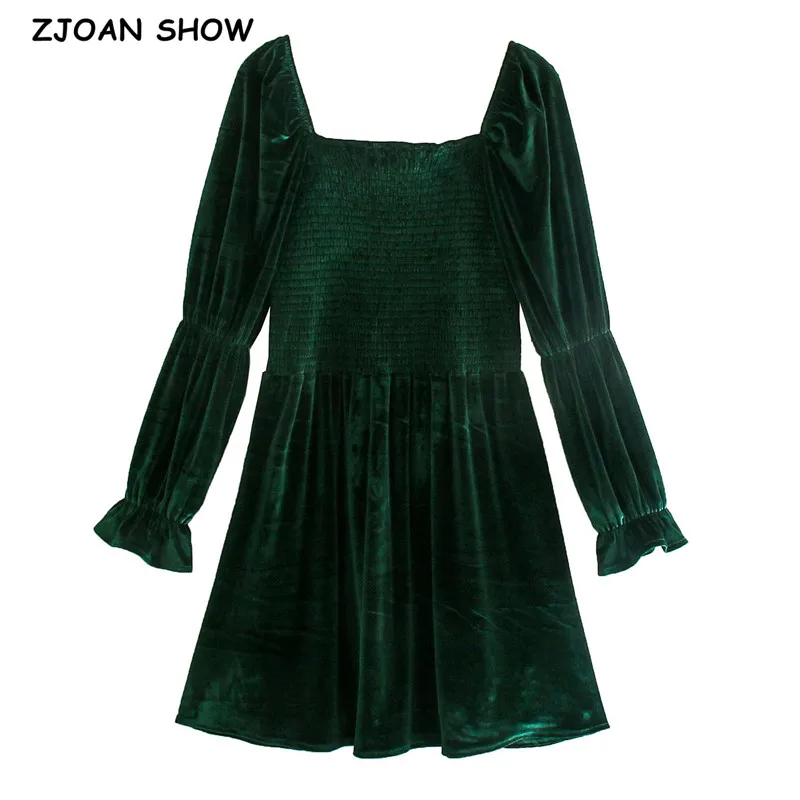 

Женское бархатное платье с рюшами, элегантное винтажное зеленое вечерние мини из эластичного бархата с квадратным вырезом и длинным рукаво...