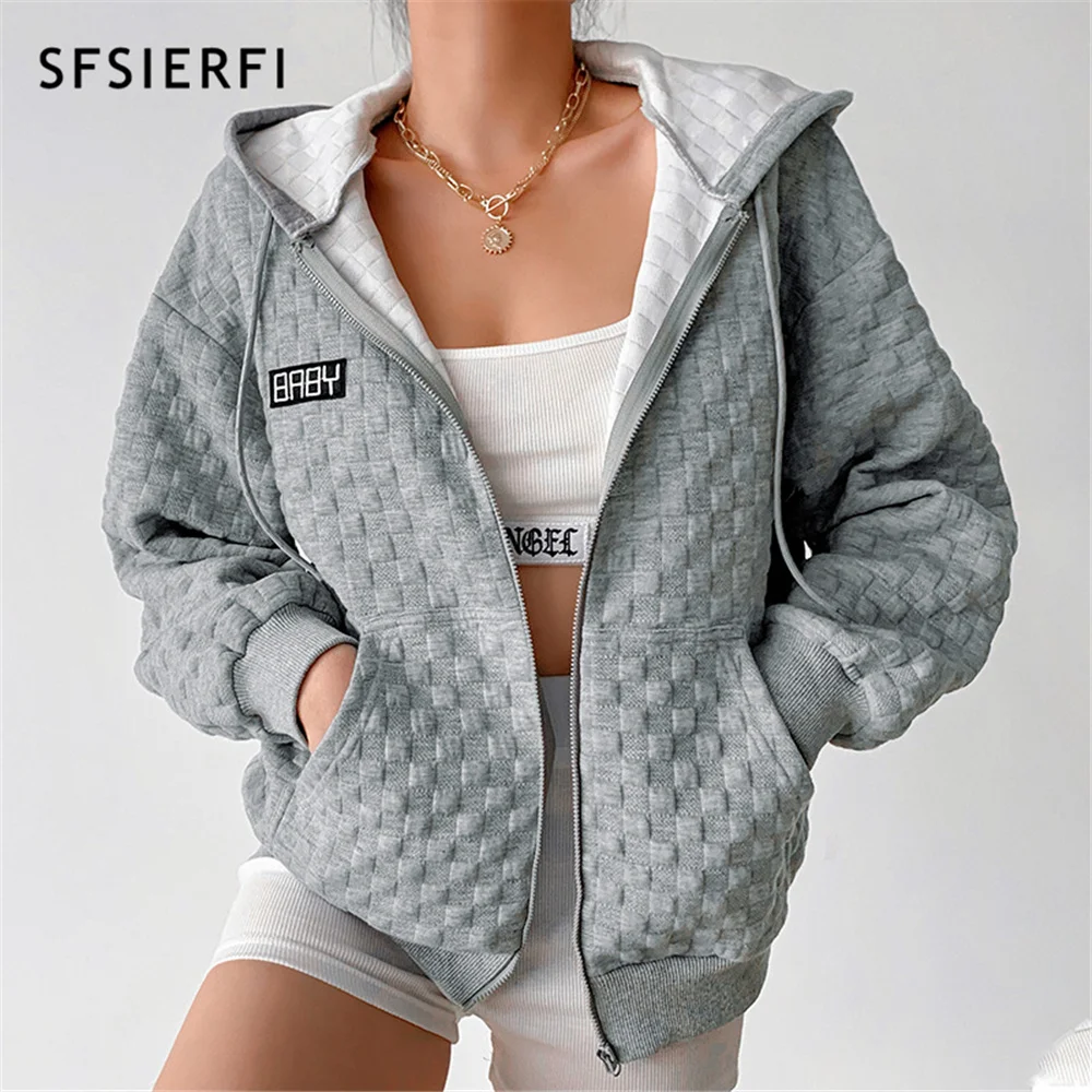 

SFSIERFI Solid Hoodie Sweatshirt Women y2k Loose Casual Zipper Attirewear Harajuku Long Sleeve Drawstring Hooded Casualwear