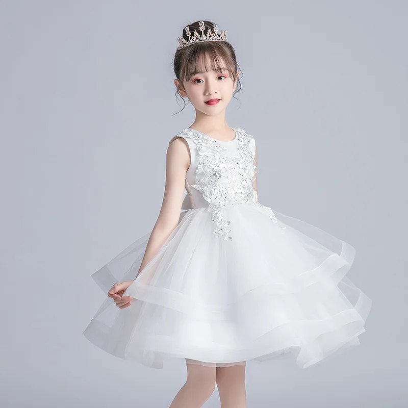 

First Communion Dresses For Girls HT035 Appliques Green Flower Girls Gowns Kids O-neck Sleeveless vestido azul marino 2020