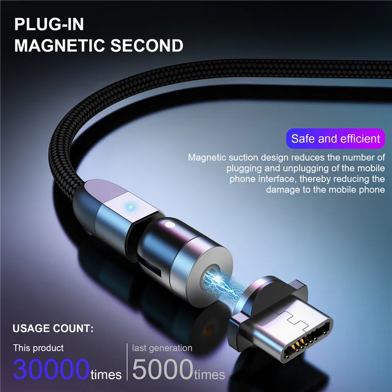 1 м 360 ° + 180 вращающийся магнитный Зарядное устройство Micro USB C Тип кабель для