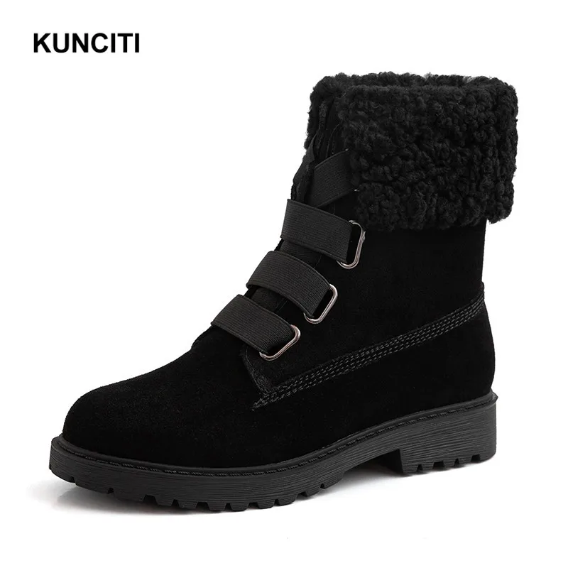Black KUNCITI/черная зимняя обувь из замши и кожи; женские ботильоны с круглым носком; модные зимние ботинки; новые модные короткие ботиночки в западном стиле; D9283 - Цвет: Black