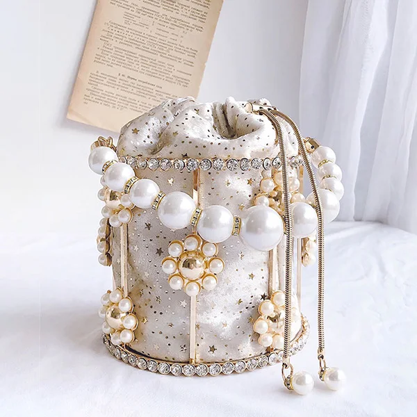 

Hollow Out Dinner Party Evening Clutch Bag Flowers Diamond Pearl Metallic Cage Womens Handbags and Purses Ladies Bucket Bag