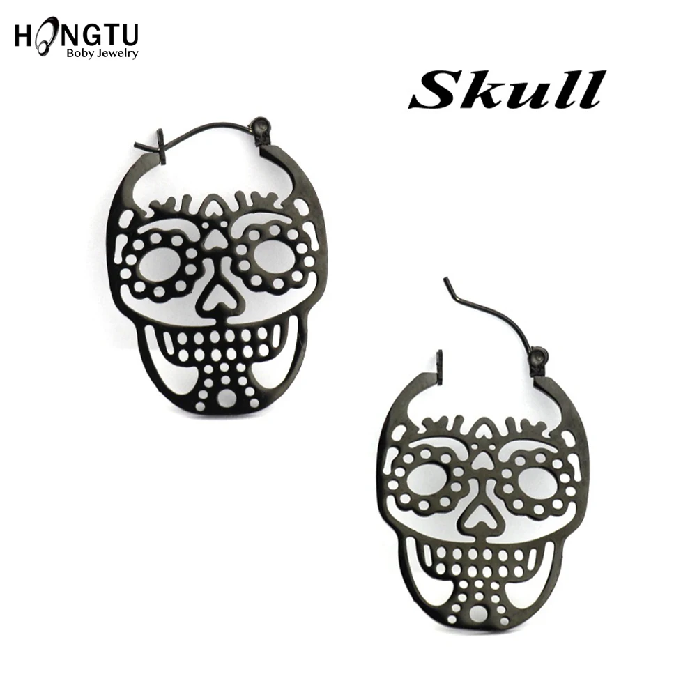 SD50004SK-2pcs HONGTU, 1 пара, Pendientes Mujer, серьги-кольца, нержавеющая сталь, черный цвет, кошка/Череп/цветок/паук, женские серьги, ювелирные изделия - Окраска металла: SD50004SK-2pcs