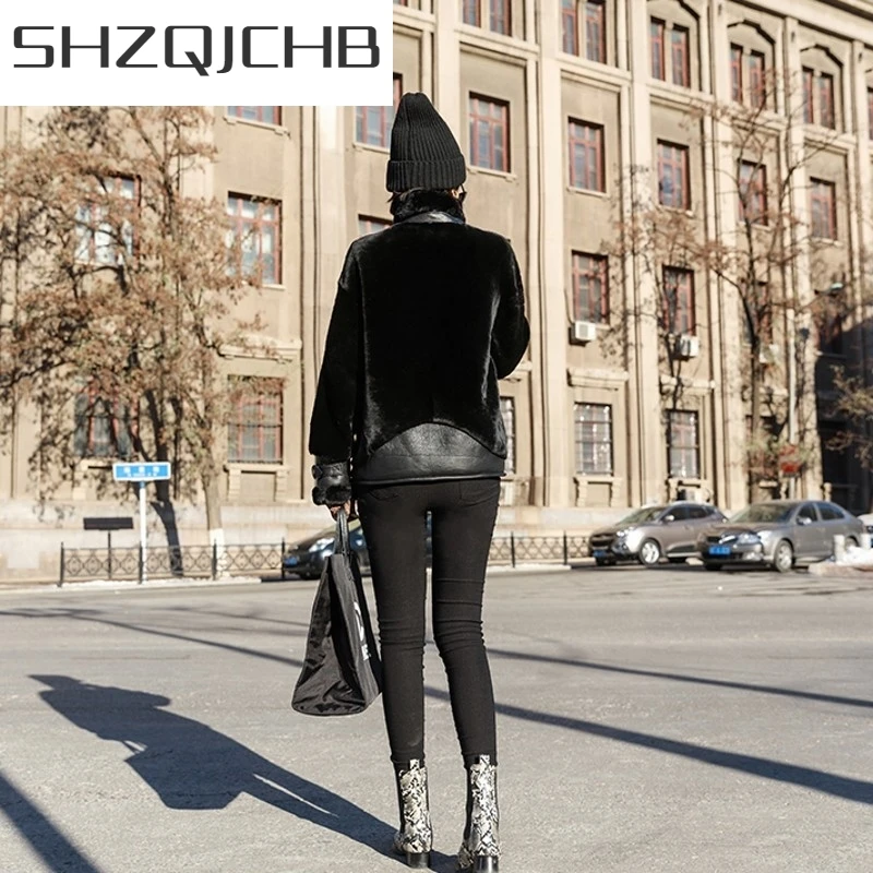 

JCHB 2021 Korean Motorcycle Womens Winter Warm Sheep Shearing Jackets Stand Collar Genuine Leather Patchwork Real Fur Female Loo