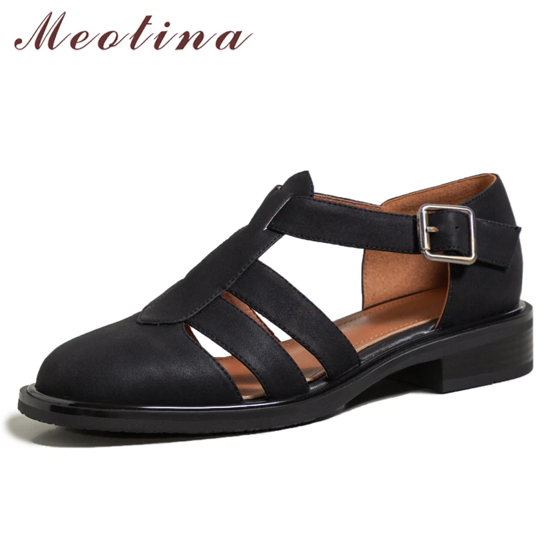 

Meotina Genuine Leather Shoes Women Gladiator Sandals Buckle Square Toe Mid Heel Rome Sandals Summer Ladies Footwear Brown 40