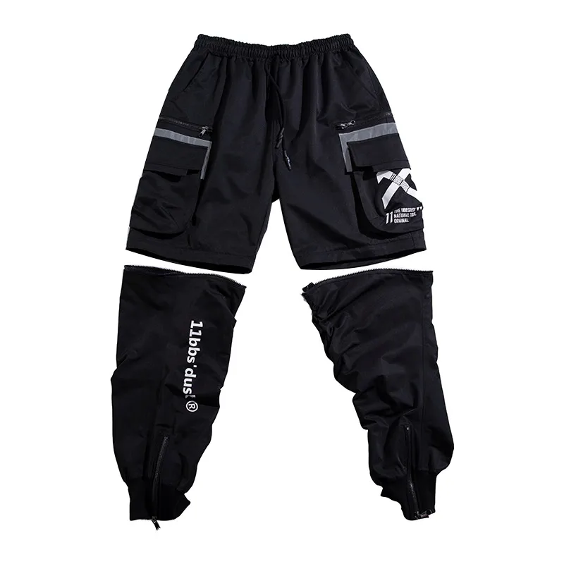 

Reflective Techwear Cargo Removable Men Joggers Pants Hip Hop Short Trousers Fashion Summer Pocket Casual Functional Streetwear