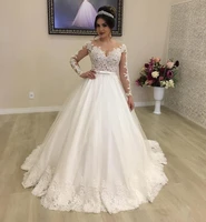 luxury lace princess wedding dress sheer neck illusion long sleeves appliques sweep train bridal gown country vestido de noiva