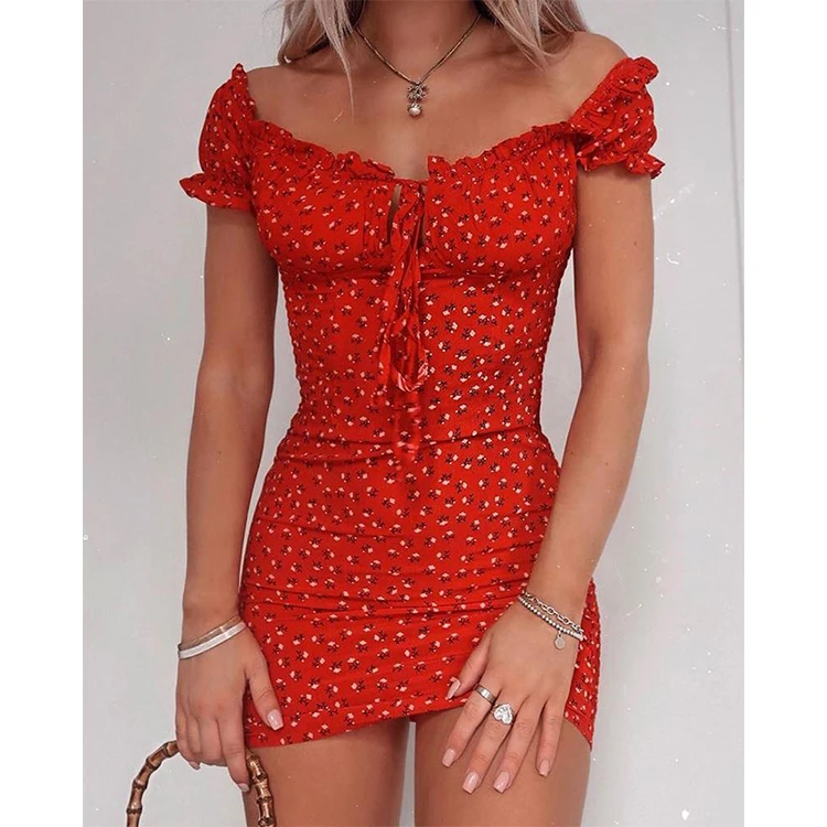 

Women Floral Wrap Dress Off Shoulder Tie Up Front Ruffle Mini Dress Summer Office Lady Slash Neck Printed Pencil Dress