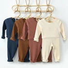 Новый однотонный топ с длинным рукавом для маленьких мальчиков и девочек + штаны, комплекты одежды, детская одежда для отдыха для мальчиков и девочек, ночные костюмы
