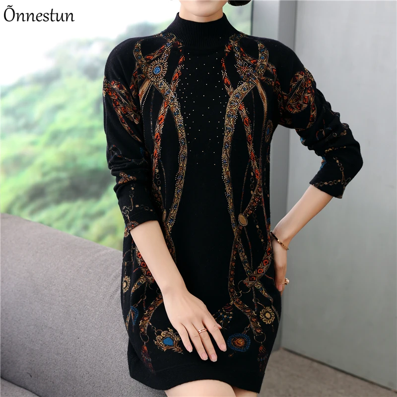 

Turtleneck Long Sweaters Dress Autumn Casual Long Sleeve Pullovers Knitwear Jumper Geometry Print Pull Elasticity Sweater Women