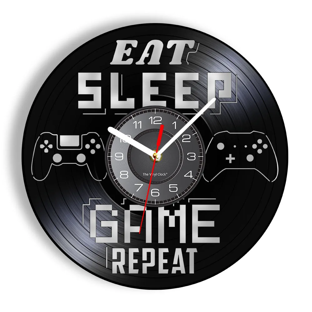 

Eat Sleep Game Repeat Gamer Saying Vinyl Record Wall Clock Gamepad Machine Boys Playroom Gaming Room Decor Handicraft Art