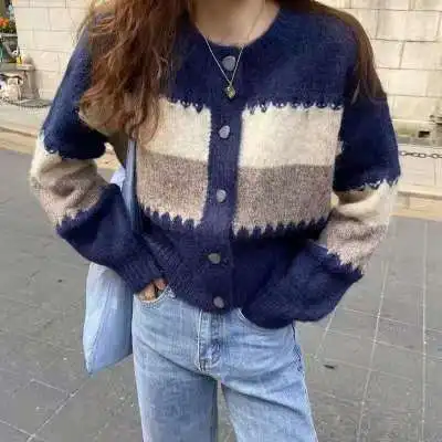 

Cropped Cardigans Women Colorblock Korean Vintage Single-breasted Knitted Sweater Female Cardigan Coat Autumn 2021 Dropshipping