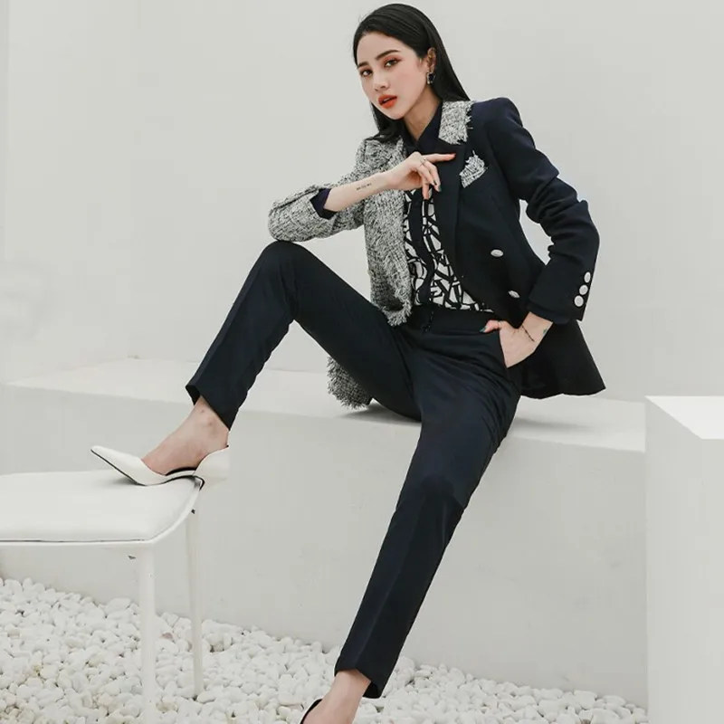 

Runway Women 2 Piece Set Long Sleeve patchwork Woolen Blazer + Straight Pants Fashion Suit Lady OL New