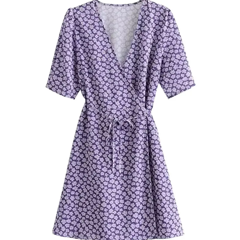 

2021 summer new sexy deep thin V-neck Daisy lace up short sleeve Floral Dress