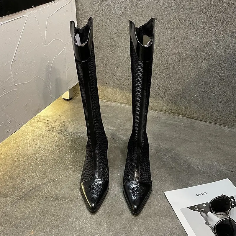 

Женские босоножки до колена на высоком каблуке, босоножки-гладиаторы на среднем каблуке, летние сапоги, женские босоножки с вырезами, черны...