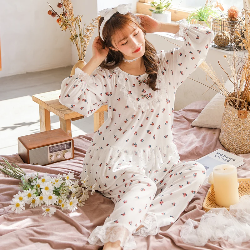 

Sweet Round Neck Pajamas Set Women Spring Floral Print Modal Cotton Nightwear Lace Long Sleeve Casual Homewear with Hair Band