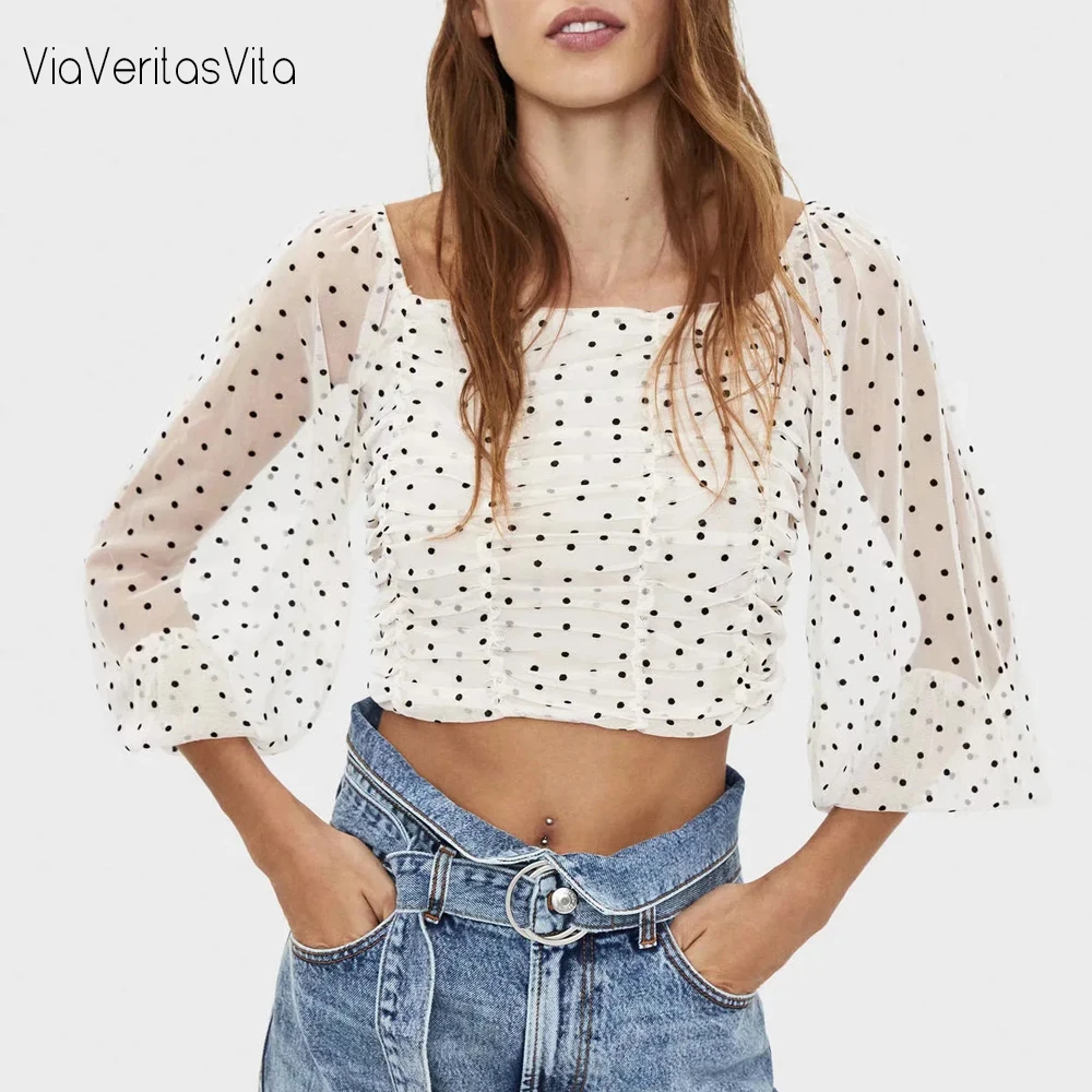 Блузка женская в горошек с рукавами фонариками и воротником лодочкой|Блузки| |