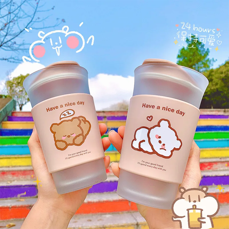 

Coffee cup creative bear design cute glass with spoon cup breakfast milk Christmas gift 400ml
