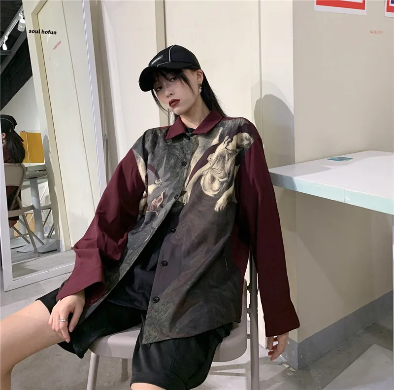 Ulzzang Женские топы и блузки bf принт ins уличная одежда Harajuku Стиль Осень blusas mujer de moda