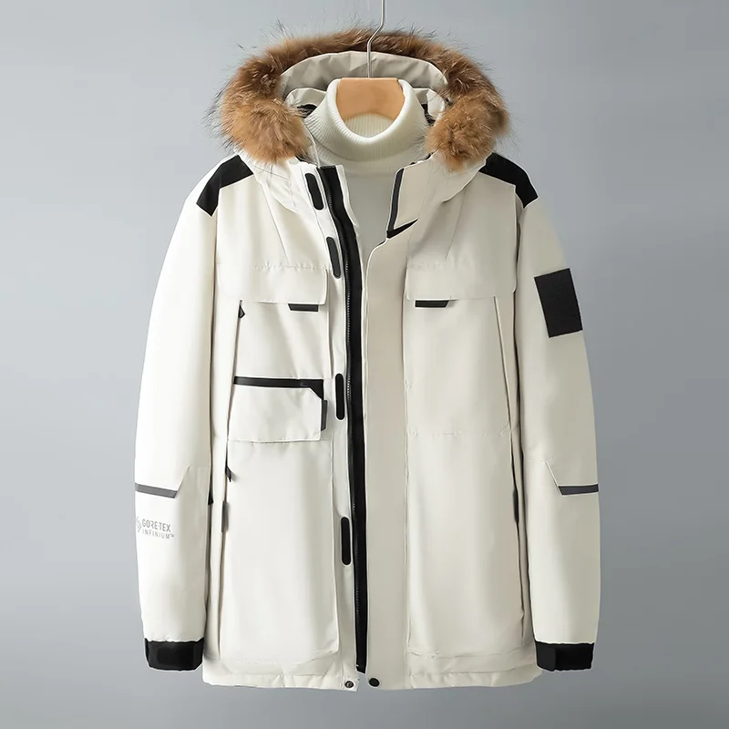 

Real Fur Collar Hooded Mens Down Coats Warm Thicken Multiple Pockets Safari Style Winter Jackets Men Clothing Outwear