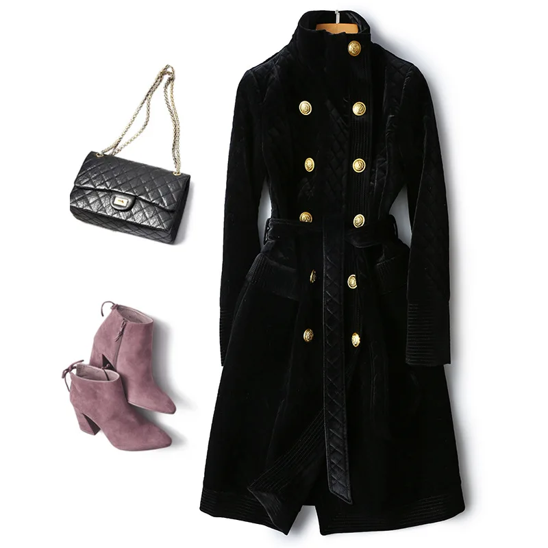 Осенне зимний винтажный двубортный черный бархатный Тренч с длинным рукавом