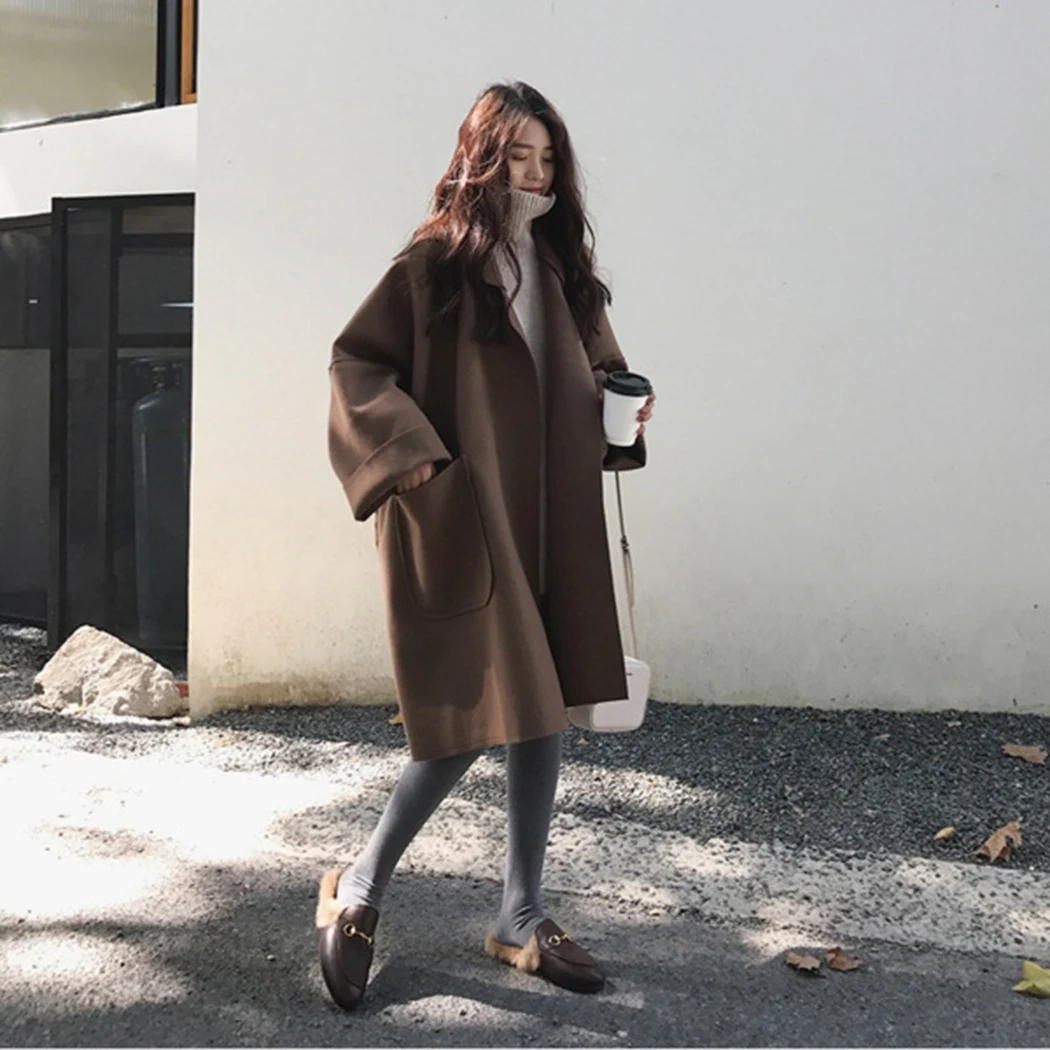 Womens Winter Autumn Elegant Long Oversized Thin Woolen Coats Casual Sleeve Solid Outwear Female Overcoat Cloak Cardigan | Женская