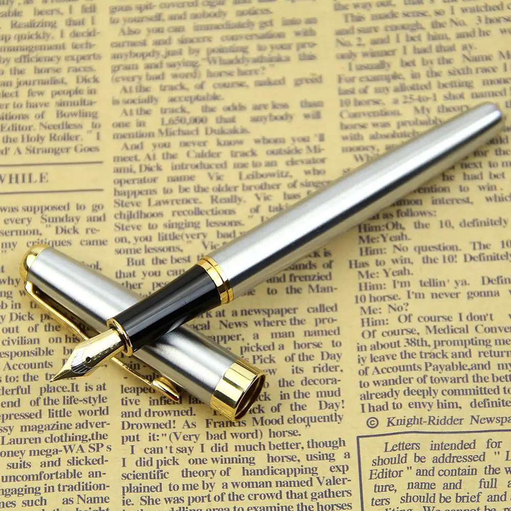 

BAOER 388 Chic Stainless Steel Fountain Gold Trim M Nib Size Pen Silver