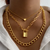 punk lock love heart pendant necklace for women men multilayered big chunky thick chain choker necklaces gothtic jewelry am6059