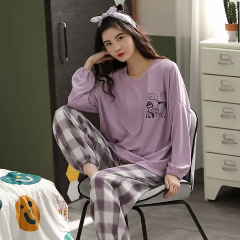 Пижамный комплект Женский хлопковый в Корейском стиле, домашняя одежда для сна в стиле оверсайз с мультяшным рисунком, удобная мешковатая одежда для отдыха