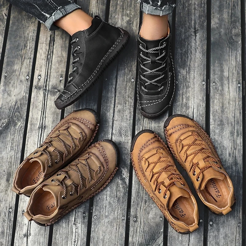 SMS Fashion Men Leather Boots Warm Fur Snow Boots Winter Hiking Shoes Sneakers Split Leather Comfortable Ankle Lace Up Boots