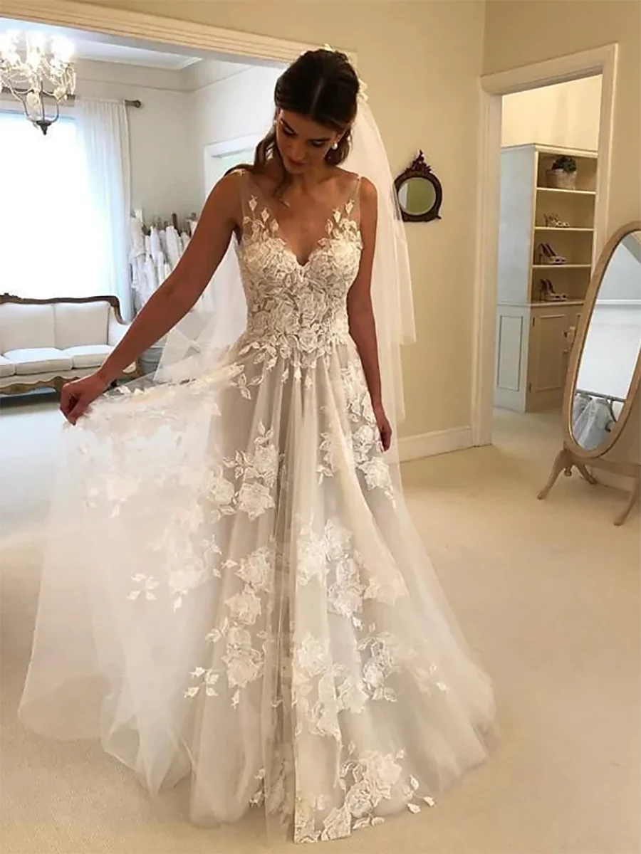 

181 Fashion New In V-Neck Natural A-Line Floor-Length Long Tulle Wedding Dresses/Bridal Engagement Gowns Free Shipping Hot Sale