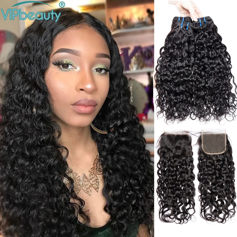 VipBeauty, волнистые пряди с закрытием, натуральный цвет, Remy, бразильские волосы, волнистые пряди с закрытием, человеческие волосы