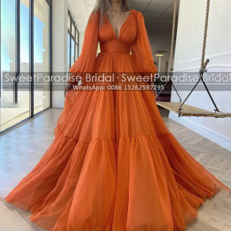 

Organge Orgnaza A Line Prom Dresses With Long Bishop Sleeves Plunging Neck Red Carpet Celebrity Dress Party Formal Gown