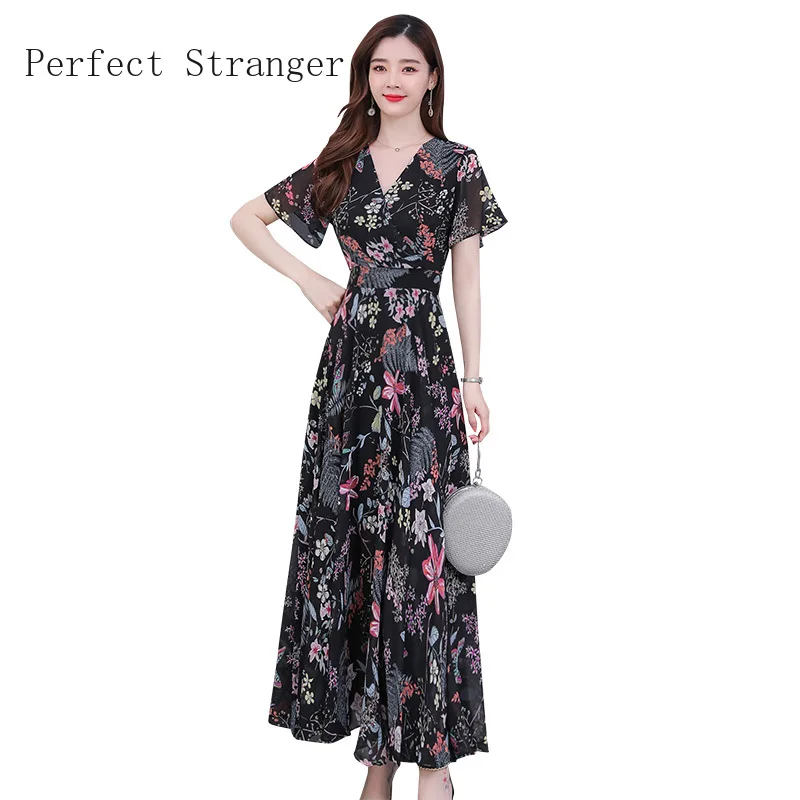 

2020 Summer New Arrival Plus Size M-4XL Bohemian Style Elegant Flower Printed V Collar Flare Sleeve Women Chiffon Long Dress